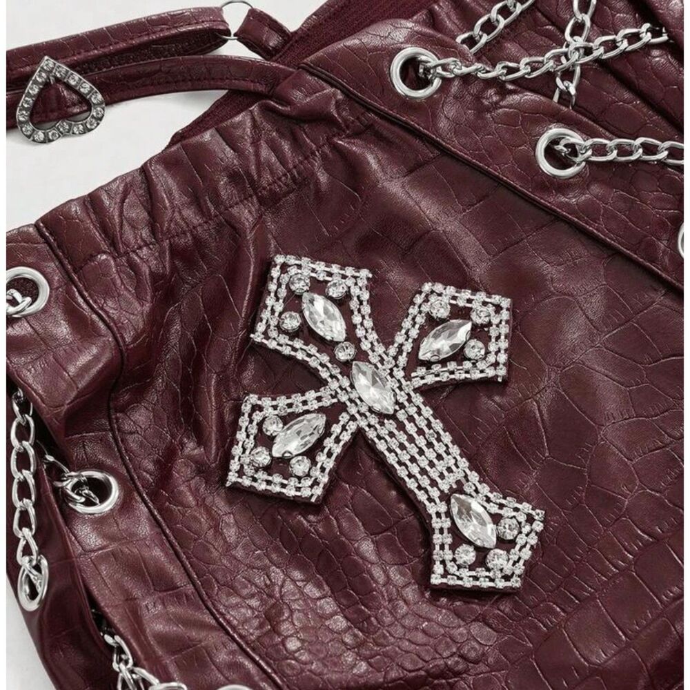 ROMWE Burgundy Faux Leather Rave Set Chain Lace‑Up Halter Top & Shorts Size S - Picture 7 of 8